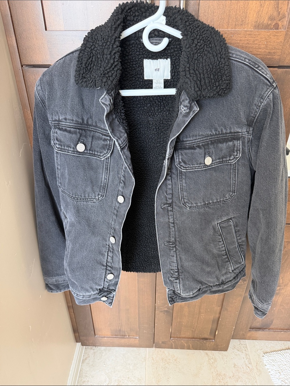 H&M Washed Black Sherpa-Lined Denim Jacket
